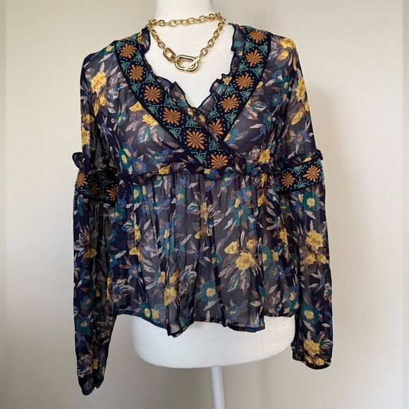 Meadow Rue Strasser Embroidered Peasant Blouse Small Blue Anthropologie XXS - Picture 3 of 13